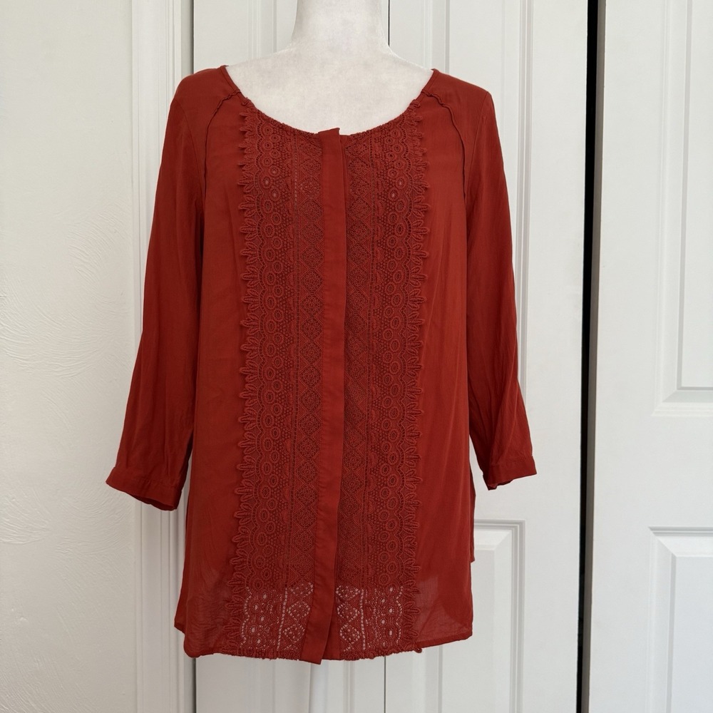 Maeve Anthropologie Crocheted Scoop Neck 3/4 Sleeve Blouse Burnt Orange Size 8